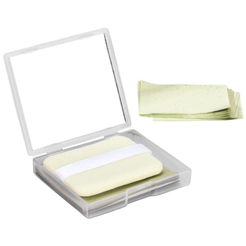 PLAFOPE Tea Extract Oil Blotting Sheets with Mirror and Powder Puff for Oily Skin Facial Oil Absorbing Papers for Makeup Touch-up Portable Absorbing Tool for Men and Women Lightweight and