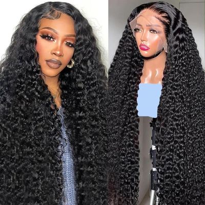 13x6 Deep Wave Lace Front Wigs Human Hair 200 Density 13x6 HD Transparent Frontal Wigs Human Hair for Women Deep Curly Glueless Wigs Human Hair Pre Plucked with Baby Hair Natural Black 26 Inch