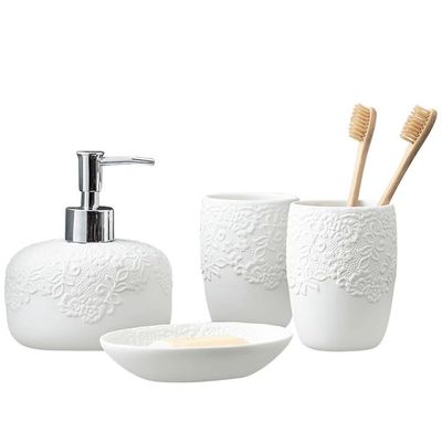 Decoration White Four-Piece Ceramic Relief Pattern Bathroom Set Supplies Home Hotel Wash