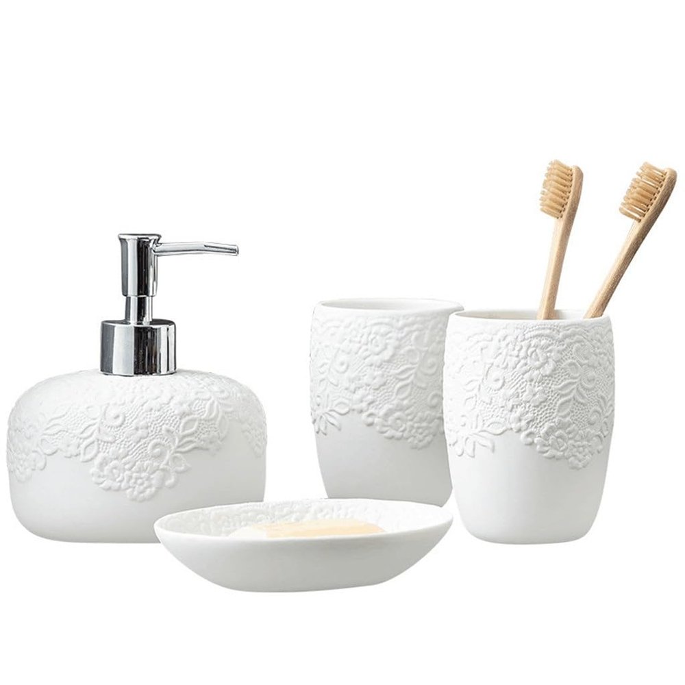 Decoration White Four-Piece Ceramic Relief Pattern Bathroom Set Supplies Home Hotel Wash