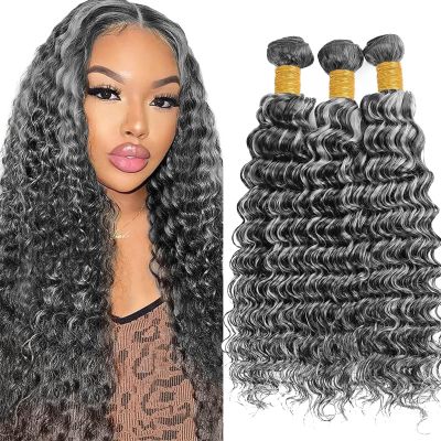Grey Human Hair Bundles 18 20 22 Inch Deep Wave Bundles 12A Human Hair 100% Unprocessed Brazilian Virgin Hair Quick Weave Extensions P1B/Grey for Women
