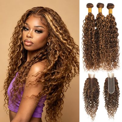 ALHER Water Wave Highlight Bundles with Long Deep Part 2x6 Lace Closure, 12A P4/27 Honey Blonde Ombre Brown Colored Wet and Wavy Bundles 100% Virgin Remy Curly Human Hair 12 14 16+12 2x6 Kim K Closure