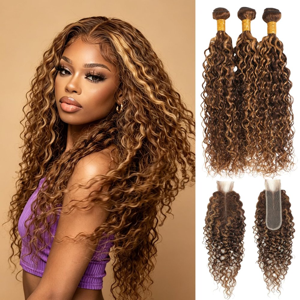ALHER Water Wave Highlight Bundles with Long Deep Part 2x6 Lace Closure, 12A P4/27 Honey Blonde Ombre Brown Colored Wet and Wavy Bundles 100% Virgin Remy Curly Human Hair 12 14 16+12 2x6 Kim K Closure
