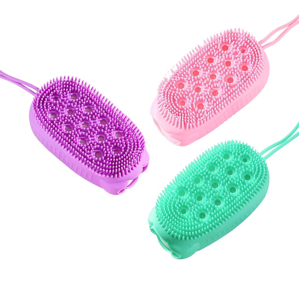 PLAYTHROUGH Silicone Bathing Brushes 3Packs, Bathing Soap Pouch with Hanging Loop, Exfoliating (Pink, Purple, Green)