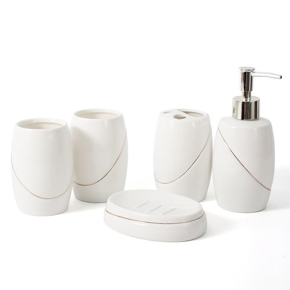 Ceramic Bathroom Five-Piece Set, Wash Gargle Cup Toothbrush Holder Emulsion Bottle