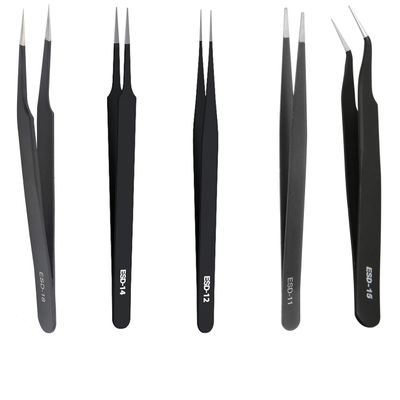 5-Piece Precision Tweezers Set with Case ESD Anti-Static, Pointed, Slant, & Angled Tips for Beauty, Eyelash Extension, Ingrown Hair Removal, Craft, Jewelry, Electronics Repair, Soldering