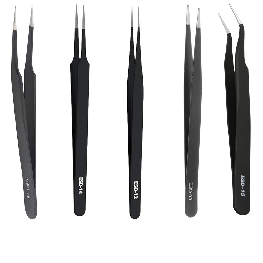 5-Piece Precision Tweezers Set with Case ESD Anti-Static, Pointed, Slant, & Angled Tips for Beauty, Eyelash Extension, Ingrown Hair Removal, Craft, Jewelry, Electronics Repair, Soldering