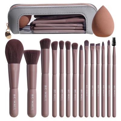 BS-MALL 14 Pcs Makeup Brushes Set with 1 Pcs Makeup Sponge Essential Foundation Powder Concealers, Eye Shadows, Blush Makeup Brushes with Travel Makeup Case (Brown)