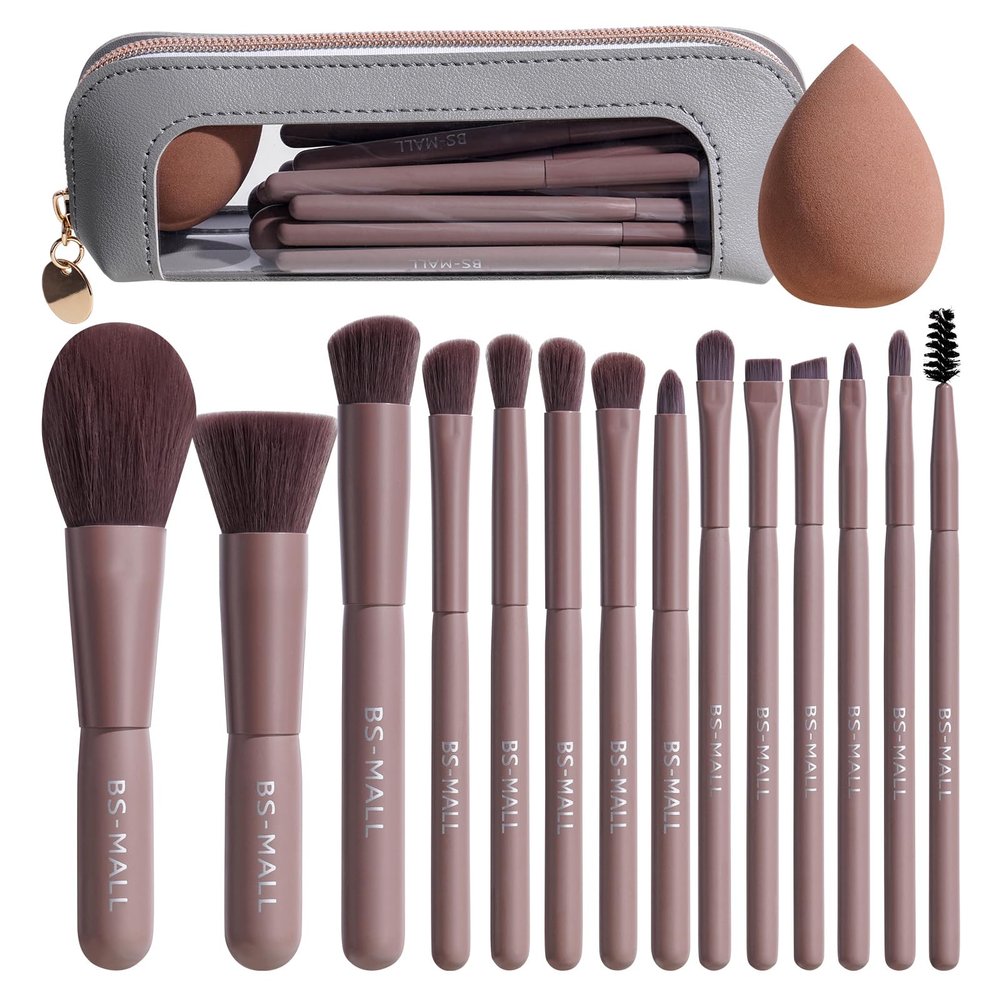 BS-MALL 14 Pcs Makeup Brushes Set with 1 Pcs Makeup Sponge Essential Foundation Powder Concealers, Eye Shadows, Blush Makeup Brushes with Travel Makeup Case (Brown)