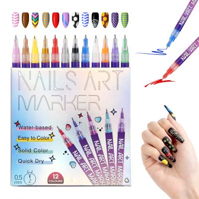 Nail Art Pens, 12 Colors 0.5mm Fine Tip Water-Based Quick-Dry Pens for DIY Nail Design, Doodles & Outlines Nail Art Kit for Kids, Teens & Beginners
