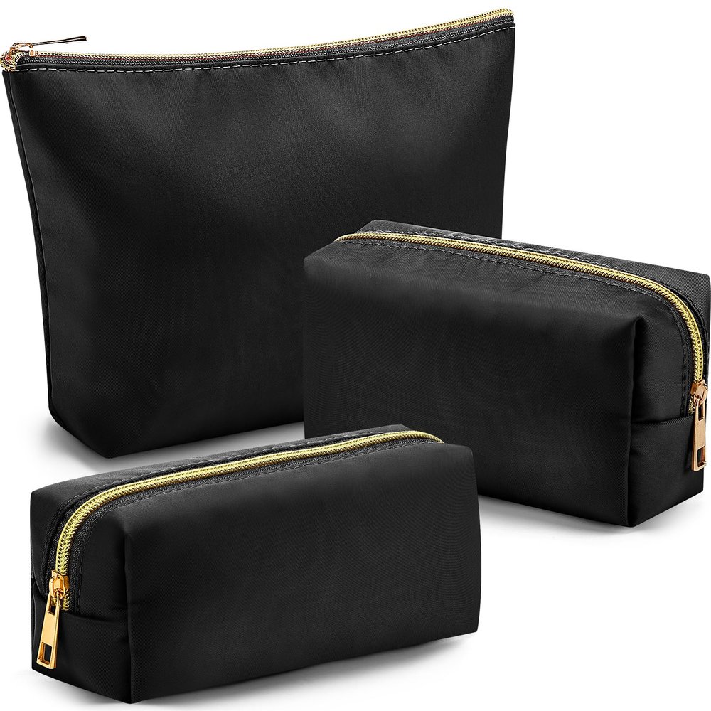 Kigeli 3 Pcs Nylon Makeup Bag Set for Women Aesthetic Cosmetic Bag with Interior Pocketes Preppy Cute Purse Pouch Makeup Brushes Storage Organizer for Travel(Black)