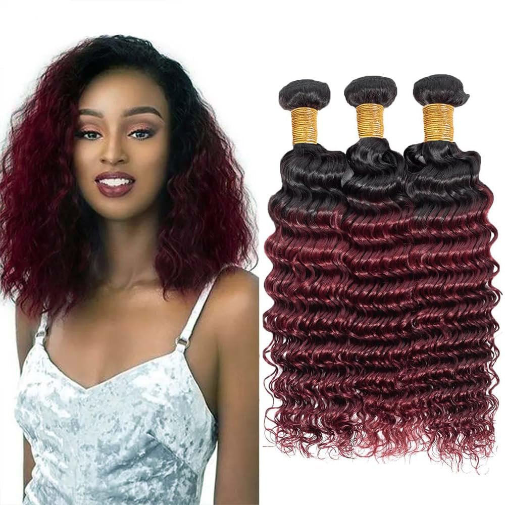 GLSMOSNW 1B/99j Human Hair 1b Burgundy Deep Wave Bundles 12 14 16 Inch