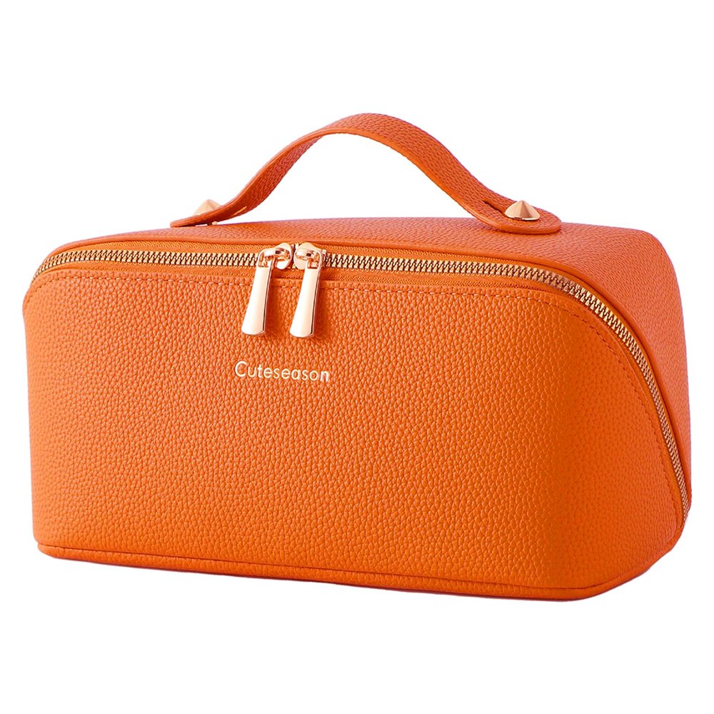Cuteseason PU Leather Makeup Bag for Women, Structured Makeup Case with Wide Opening, Travel Cosmetic Bag with Compartments and Handle, Water-Resistant Makeup Organizer(Orange, Lychee Grain)