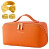 Cuteseason PU Leather Makeup Bag for Women, Structured Makeup Case with Wide Opening, Travel Cosmetic Bag with Compartments and Handle, Water-Resistant Makeup Organizer(Orange, Lychee Grain) view 2