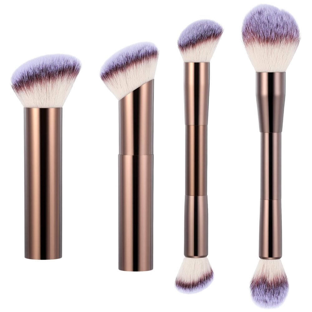 4 Pcs Face Makeup Brushes Double-ended Kabuki Contour Brush Soft Foundation Makeup Brush for Liquid Concealer Cream Cosmetics Blending Blush(Coffee)
