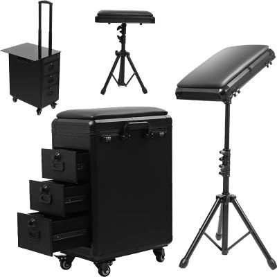 AXGCAA Tattoo Travel Case, Portable Trolley Station with 3 Drawers and Adjustable Armrest Stand, 2 in 1 Tattoo Work Station, Makeup Train Case, for Professional Make-up Artists