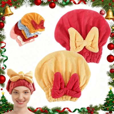 2PCS Microfiber Hair Drying Caps,Soft Bow Tie Wet Hair Towel Wrap for Women Wet Hair Quick-Drying Hair Towels,Christmas Absorbent Hair Towel Wrap for Party Favors Goody Bag Filler. (Red+Yellow)