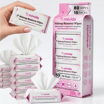 mivida Hypoallergenic Mini Makeup Remover Wipes Travel Size With Vitamin E, 80ct (810), Dermatologist Tested & Clinically Tested Makeup Wipes, 10 Packs