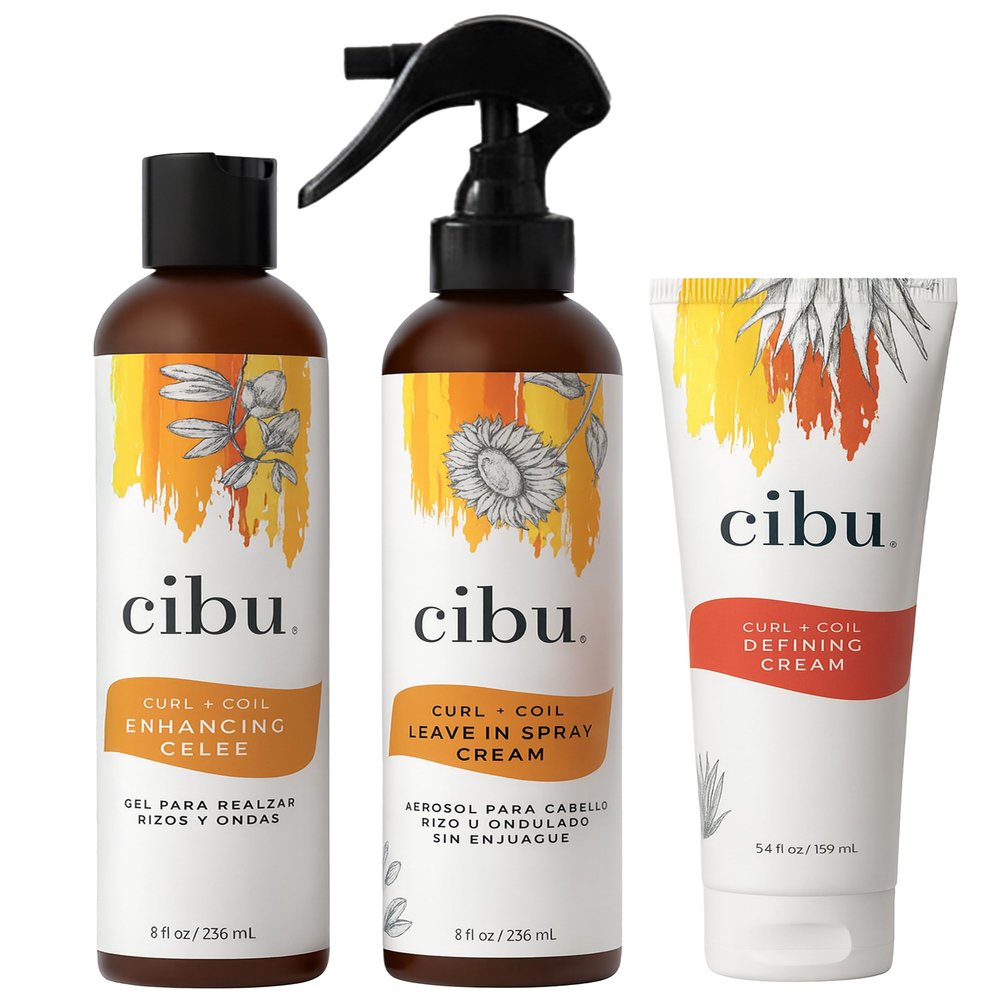 CIBU Starter Set for Curly Hair Bundle - Leave In Spray Cream (8 oz), Defining Cream (8oz), Enhancing Gele (8oz) - Curly Hair Products for Soft and Manageable Natural Curls, Coils, and Waves