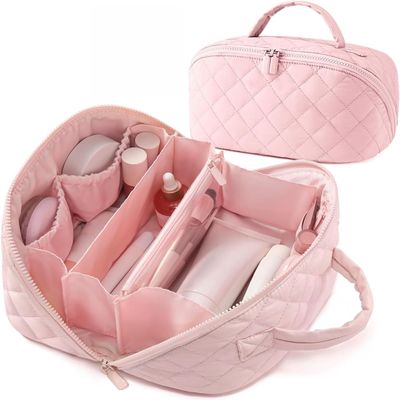 2026 Travel Makeup Bag, Travel Makeup Bag Organizer, Wide Open Lay-Flat Water-Resistant Large Cosmetic Case, Puffy Padded Organizer for Toiletries & Brushes Large Capacity with Compartments (Pink)