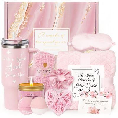 Mothers Day & Birthday Gifts for Women - Tova's Creations 13-Piece Strawberry Daiquiri Spa Gift Basket with 40 OZ Tumbler & Luxury Flannel Blanket for Mom, Wife, Grandma