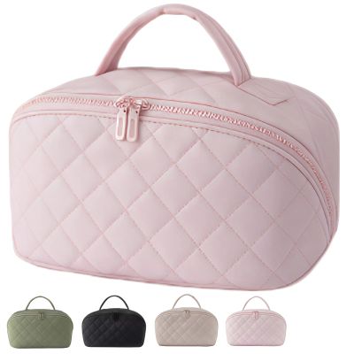 LKYAL Travel Sized Makeup Bag, Wide Travel Makeup Bag for Woman, Large Capacity Cosmetic Bags, Waterproof Portable Pouch Open Flat With Compartments (Pink)
