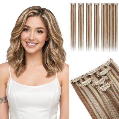 SEGOHAIR Clip in Short Hair Extensions Real Human Hair 5 Pcs 7 Clips Remy Soft Seamless Hair Pieces for Women Thinning Hair Volume Highlights 14 Inch #6P613R Light Brown & Bleach Blonde