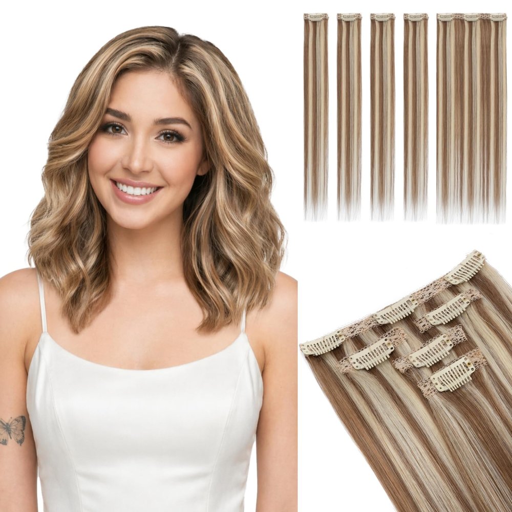 SEGOHAIR Clip in Short Hair Extensions Real Human Hair 5 Pcs 7 Clips Remy Soft Seamless Hair Pieces for Women Thinning Hair Volume Highlights 14 Inch #6P613R Light Brown & Bleach Blonde