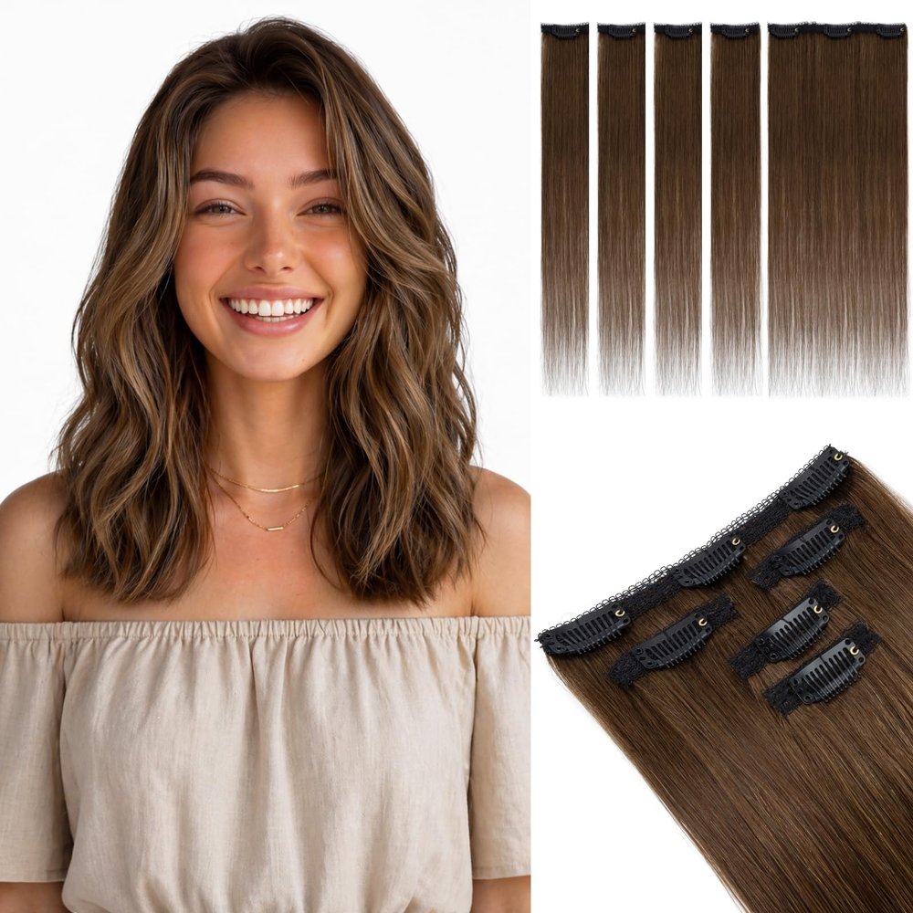SEGOHAIR Clip in Short Hair Extensions Real Human Hair 5 Pcs 7 Clips Remy Soft Seamless Hair Pieces for Women Thinning Hair Volume Highlights 14 Inch #04 Medium Brown