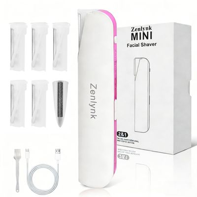 Vibration-Assisted Manual Dermaplane Razor for Women Face, Zenlynk Facial Exfoliator & Peach Fuzz Trimmer with 3 Vibration Modes, LED Light, 5 Replacement Blades & Exfoliating Scrubber, White