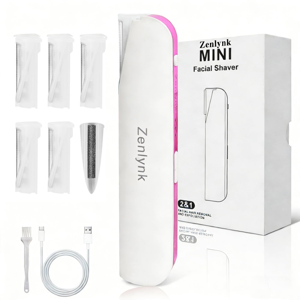 Vibration-Assisted Manual Dermaplane Razor for Women Face, Zenlynk Facial Exfoliator & Peach Fuzz Trimmer with 3 Vibration Modes, LED Light, 5 Replacement Blades & Exfoliating Scrubber, White