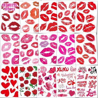 129Pcs Valentines-Day Kiss Red-Lip Tattoos -15Sheets Tattoos Temporary Stickers Red Kiss Lip Print Waterproof Fake Tattoo for Kids Women Girls Kids Face Body Valentine Gifts Party Favors Decorations