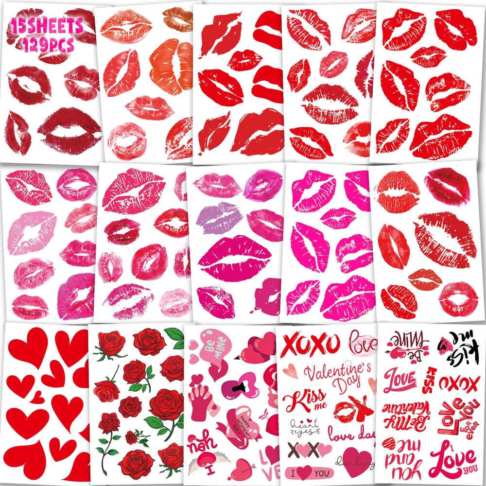 129Pcs Valentines-Day Kiss Red-Lip Tattoos -15Sheets Tattoos Temporary Stickers Red Kiss Lip Print Waterproof Fake Tattoo for Kids Women Girls Kids Face Body Valentine Gifts Party Favors Decorations