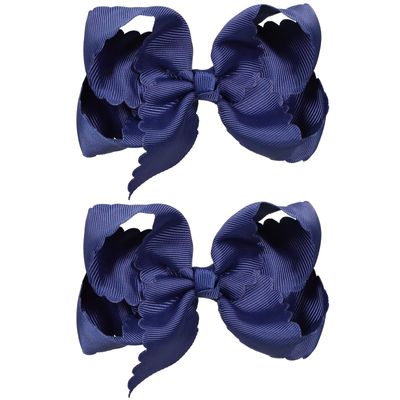 Navy Blue Hair Bows for Teen Girls, 2Pcs 4" Boutique Grosgrain Ribbon Scalloped Edge Bow Alligator Clips Women Everyday Hair Styling Back School Uniform Dress Decor Accessory