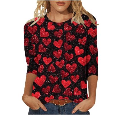 2026 Valentines 3/4 Sleeve Shirts Women Cute Love Heart Print Graphic Tunic Tops Plus Size Casual Spring Blouses Going Out New Year Holiday Vacation Teachers Graduation Resort Wear Black XXL