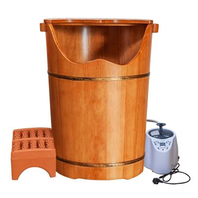 Rubber Wood Foot Tub for Soaking Feet,Foot Bath Bucket with Steam Machine & Massage Stool,Premium Wooden Foot Soak Tub with Lid,Pedicure Bowl Barrels