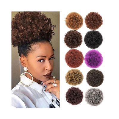 Decoration Afro Puff Hair Bun Extension Hairpieces Short Kinky Curly Drawstring Ponytail with 2 Clips Extension(1B-GRAY)