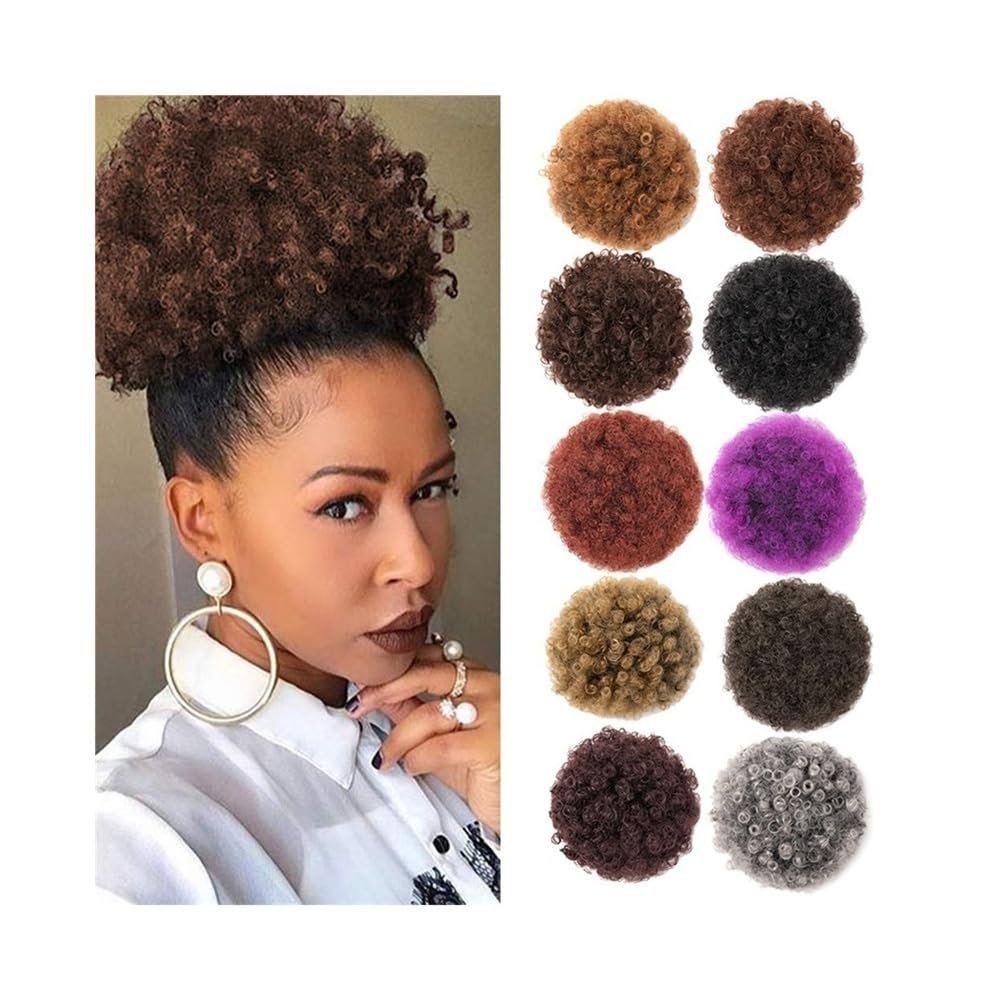 Decoration Afro Puff Hair Bun Extension Hairpieces Short Kinky Curly Drawstring Ponytail with 2 Clips Extension(1B-GRAY)