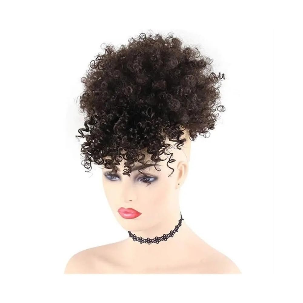 Decoration Synthetic Short Kinky Curly Drawstring Ponytail with Bangs, Clip in Afro High Puff Hair Bun Hairpiece Extension(2)