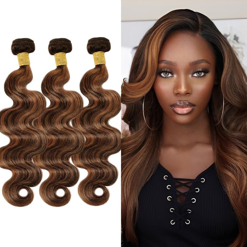 8 10 12 Inch Body Wave Bundles Brown Highlight Bundles Human Hair Brazilian Virgin Hair Weave 3Bundles for Black Women Hair DealBrown and Light Brown #P4/30