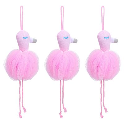 NULYLU 3Pcs Flamingo Shower Pouf Bath Washing Balls for Women and Soft Mesh Sponge with Fine Mesh for Rich Lather Supple Bath Sponge Body Scrubber Bathroom Accessory