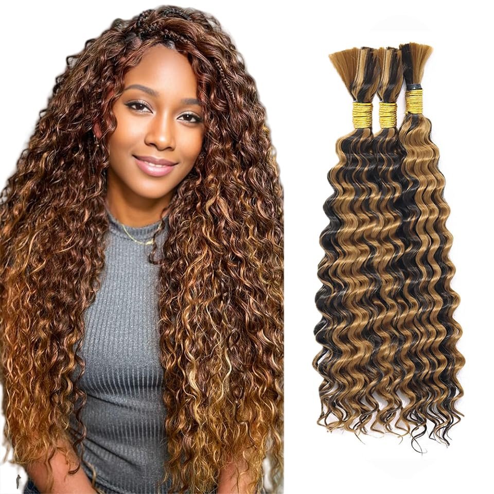 P4/27 Highlight Blonde Human Braiding Hair for Boho Braids 32 32 32 Inch 150g Deep Wave Bulk Human Hair Knotless Boho Braiding Deep Water No Weft Extensions Bohemian Braids 3 Bundles/Pack Caramel