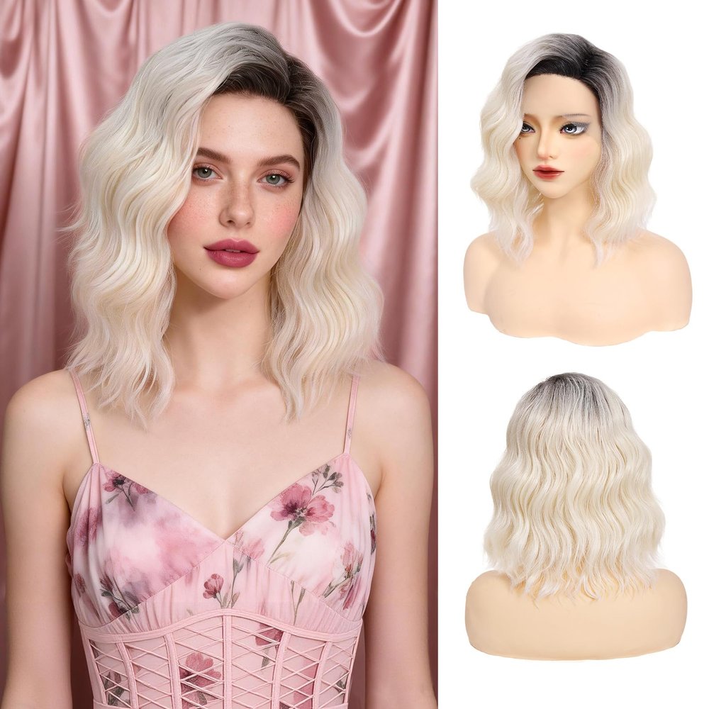 Short Platinum Blonde Wavy Bob Wig Free Part 9x1 Lace Front Wig 14IN