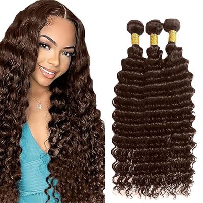 Color 4# Chocolate Brown Human Hair Bundles 22 24 26 inch Deep Wave Bundle Human Hair Dark Brown 3 Bundles 50 Gram Per Bundle 150g Total Brazilian Virgin Remy Hair