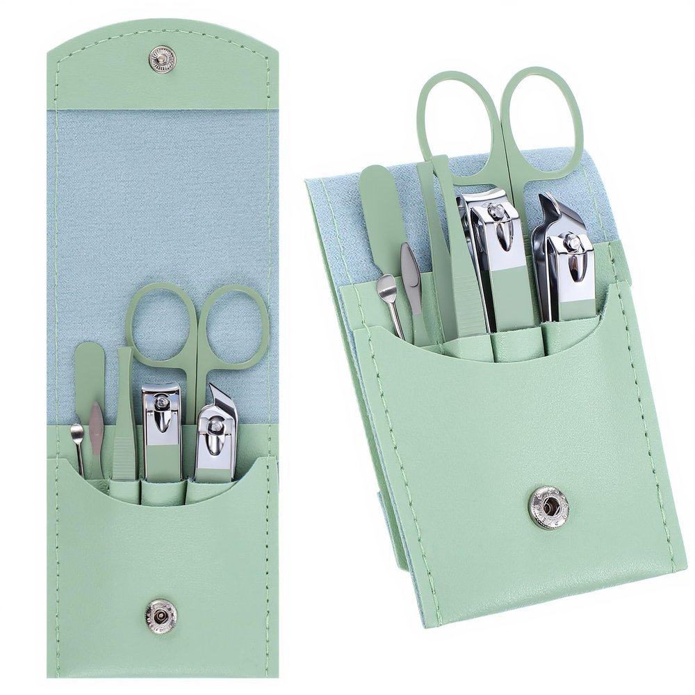 7 Pcs Manicure Set, Travel Nail Clippers with Green Leather Bag, Professional Carbon Steel Travels Nail Care Clippers, 7 in 1 Portable Travel Grooming Kit for Women Men (Green)