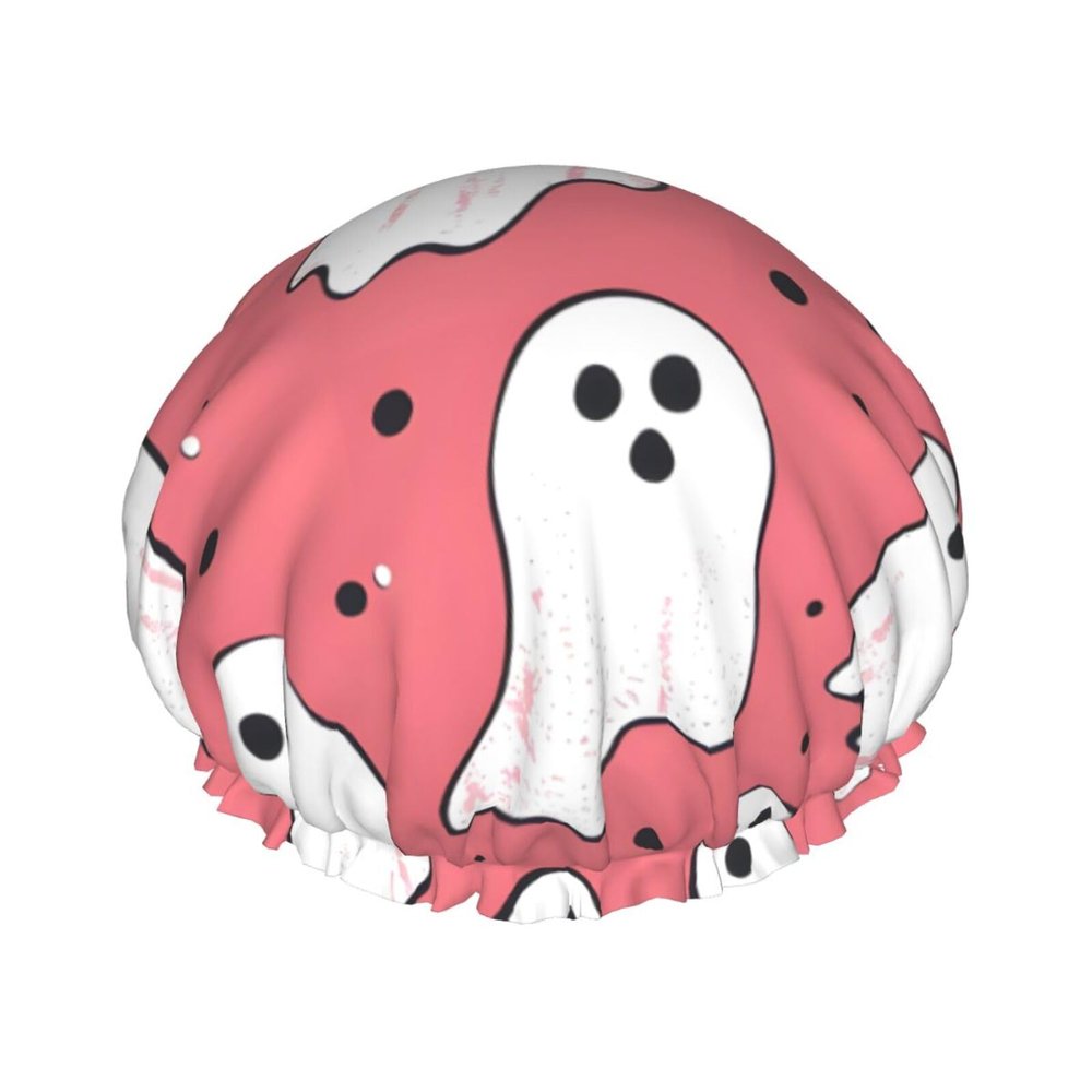 Halloween Ghost Pattern Shower Cap for Women Reusable Double Layer Waterproof Bathing Hat Adjustable Elastic Quick Drying Bath Hair Caps with PEVA Lined Spa Salon Shower Hats Fits All Head Size