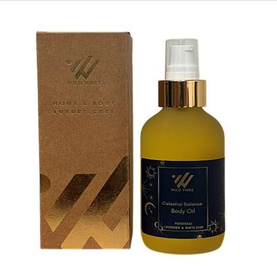 Wild Vibes Celestial Balance (Patchouli) Body & Massage Oil - Hydrating Jojoba, Papaya Seed Oil, Vitamin E, Lupine Seed Extract for Collagen Production Nourishing Oil for All Skin Types 4oz
