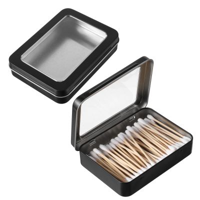 2PCS Small Cotton Swab Holder for Travel, Portable Floss Pick Holder Metal Empty Cotton Ball Hold, Refillable Travel Floss Picks Case with Dustproof Lid for Hair Ties Small Items, Black