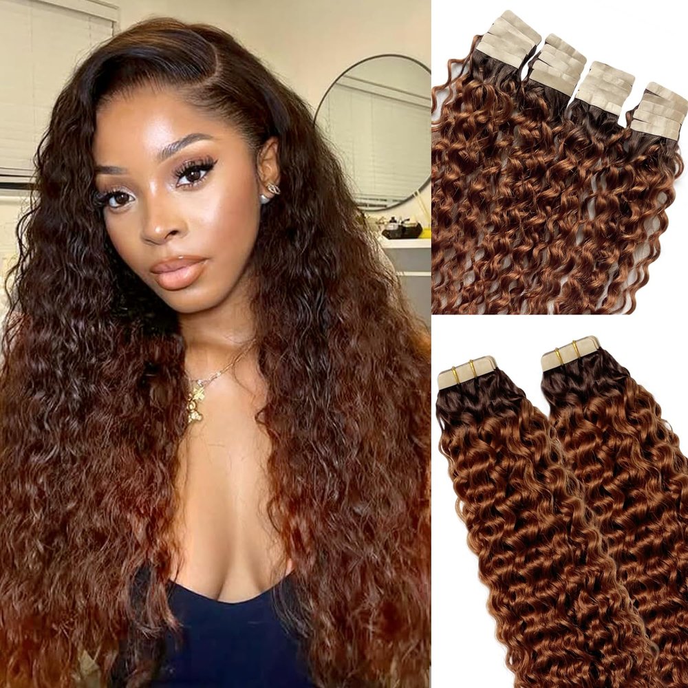 22 Inch Balayage Tape in Hair Extensions Human Hair for Women 2 Tone Ombre #4 Chocolate Brown to #30 Auburn Brown Water Wave Remy Hair PU Skin Weft Adhensive Tape ins Extensions 50g 20pcs