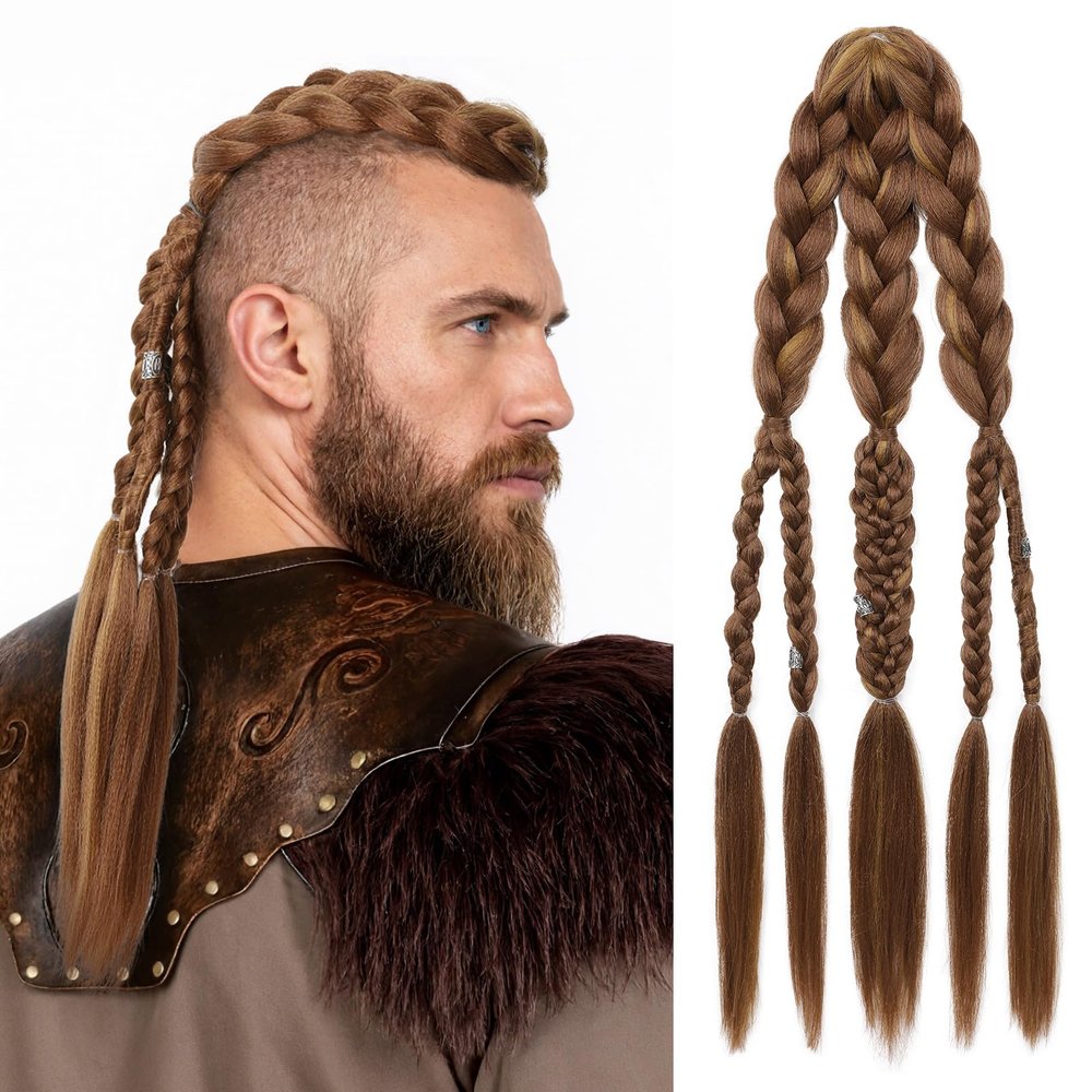 NTYNTY Viking Hair Extensions for Men 24" Handcrafted Clip In Braided Ponytail Hairpiece for Halloween Viking Costume Renaissance Warrior Accessories - Warm Brown with Highlights